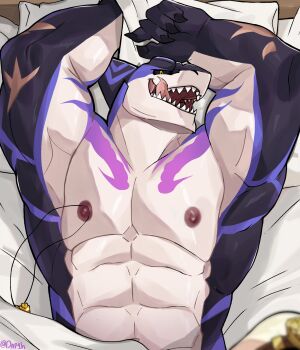 1boy abs armpits arms_up bara biceps black_sclera capt._locke_(xxl) colored_sclera commentary dap1h english_commentary fangs furry furry_male highres jewelry looking_at_viewer lying male_focus multiple_scars muscular muscular_male necklace nipples on_bed open_mouth pectoral_cleavage pectorals scar shark_boy shark_fin smile tongue tongue_out topless_male unworn_jewelry unworn_necklace xxl_woofia yellow_eyes