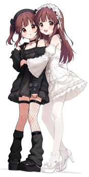 2girls :d :o absurdres alternate_hairstyle beret black_dress bobby_socks brown_eyes brown_hair cardigan chinese_commentary choker commentary_request cross cross_choker detached_sleeves dress dual_persona earrings fishnet_thighhighs fishnets full_body hairband hat high_heels highres hug idolmaster idolmaster_cinderella_girls jewelry jia_wenyuan lolita_hairband long_hair looking_at_viewer multiple_girls ogata_chieri open_cardigan open_clothes open_mouth pantyhose sandals smile socks thighhighs twintails white_dress white_pantyhose