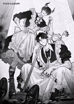1other 2boys :p alternate_costume apron biyoo_(omniscient_reader's_viewpoint) black_dress black_nails boots brooch commentary dagger dalchi09 demon_horns dress duster english_commentary enmaided frills from_below frown full_body hand_on_own_hip highres holding holding_dagger holding_duster holding_knife holding_mop holding_weapon horns jewelry kim_dokja knife maid maid_apron male_focus mop multiple_boys omniscient_reader's_viewpoint out_of_frame pov serious sitting tongue tongue_out weapon yoo_joonghyuk