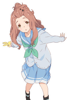 Rule 34 | 1girl, bangs pinned back, black socks, blue cardigan, blue sailor collar, blue skirt, brown eyes, brown hair, cardigan, cellphone, chestnut mouth, commentary request, feet out of frame, freckles, green neckerchief, hair ornament, hibike! euphonium, highres, holding, holding phone, kawata hisashi, kenzaki ririka, kitauji high school uniform, liz to aoi tori, long hair, long sleeves, looking at viewer, neckerchief, open mouth, outstretched arms, outstretched hand, phone, pleated skirt, sailor collar, school uniform, serafuku, simple background, skirt, smartphone, smartphone case, socks, solo, spread arms, star (symbol), star hair ornament, summer uniform, white background
