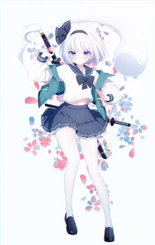 Rule 34 | 1girl, absurdres, alternate costume, black bow, black bowtie, black hairband, black sailor collar, black shoes, black skirt, blue eyes, blush, bow, bowtie, chinese commentary, closed mouth, commentary request, falling petals, full body, green vest, grey hair, hairband, highres, hitodama, konpaku youmu, konpaku youmu (ghost), long sleeves, medium hair, ohako miyu, open clothes, open vest, pantyhose, petals, pleated skirt, sailor collar, sailor shirt, sheath, sheathed, shirt, shoes, skirt, solo, sword, sword on back, touhou, unsheathing, vest, weapon, weapon on back, white pantyhose, white shirt