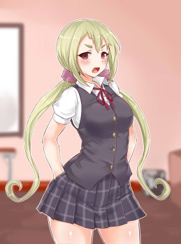 Rule 34 | 1girl, black skirt, black vest, blonde hair, blurry, blurry background, brown eyes, cinderella series, commentary request, hachigatsu no cinderella nine, hair ornament, hair scrunchie, hands in pockets, hifumi yuri, highres, indoors, long hair, looking at viewer, low twintails, open mouth, pink scrunchie, plaid clothes, plaid skirt, school uniform, scrunchie, seikonsuco2, shirt, short sleeves, skirt, solo, teeth, thick eyebrows, twintails, upper teeth only, vest, white shirt