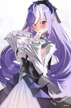 absurdres ascot black_nails bow bowtie breast_curtains center_frills drill_hair frills hairband highres mole mole_under_eye patterned_legwear pointy_ears purple_ascot purple_bow purple_bowtie purple_hair purple_hairband purple_umbrella shrug_(clothing) sideboob_cutout stteroo umbrella vivian_banshee white_shrug zenless_zone_zero