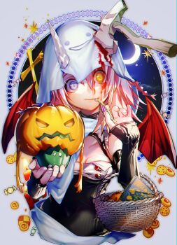 1girl axe axe_in_head basket bell_pepper black_shirt black_sleeves blood blood_on_clothes blood_on_face blue_eyes bone breasts candle candy candy_wrapper cd_case checkerboard_cookie chocolate_chip_cookie cleavage commentary cookie crescent_moon cropped_torso cross crystal crystal_horns detached_sleeves food ghost_costume green_bell_pepper hair_between_eyes halloween halloween_costume helloween_(band) heterochromia holding holding_basket holding_candy holding_food horns jack-o'-lantern killing_me/killing_you long_sleeves looking_at_viewer medium_hair meteor_(killing_me/killing_you) moon mouth_hold narita_imomushi night orange_eyes pink_hair pumpkin sheet_ghost shirt single_horn sky sleeveless sleeveless_shirt sleeves_past_wrists small_breasts solo star_(symbol) thumbprint_cookie