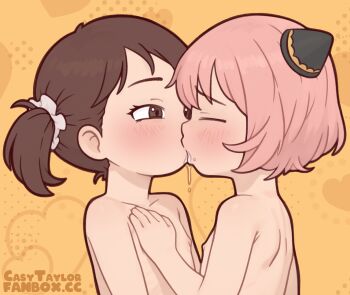 2girls alternate_hairstyle anya_(spy_x_family) artist_name becky_blackbell blush brown_eyes brown_hair casytay closed_eyes commentary english_commentary fanbox_username flat_chest flat_chest_grab hairpods image_sample kiss kodomo_doushi loli looking_at_another multiple_girls nipples nude orange_background paid_reward_available pink_hair saliva short_hair spy_x_family upper_body yuri