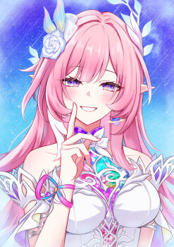 1girl absurdres bare_shoulders blue_sky breasts commentary_request cyrene_(honkai:_star_rail) cyrene_(ripples_of_past_reverie)_(honkai:_star_rail) diamond-shaped_pupils diamond_(shape) finger_to_face fingernails flower hair_flower hair_ornament highres honkai:_star_rail honkai_(series) looking_at_viewer medium_breasts nail_polish parted_lips pink_hair pink_nails pointy_ears purple_eyes purple_flower purple_rose rose sidelocks sky smile solo symbol-shaped_pupils tiizumaru98 upper_body