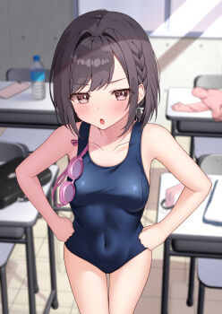 1girl :o black_hair blue_one-piece_swimsuit blurry blurry_background blush braid breasts charl2837 classroom commentary_request covered_navel cowboy_shot depth_of_field desk dot_nose goggles hair_intakes hands_on_own_hips highres indoors looking_at_viewer medium_hair one-piece_swimsuit open_mouth pink_eyes ponytail project_sekai school_desk school_swimsuit shinonome_ena side_braid small_breasts solo standing swim_goggles swimsuit unworn_goggles v-shaped_eyebrows