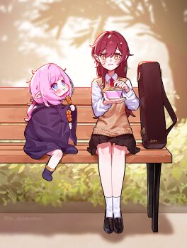 2girls aged_down bench black_cloak black_skirt blue_eyes blush bright_pupils brochette brown_cardigan brown_hair cardigan cloak commentary dyadyadya eating eden_(honkai_impact) elysia_(honkai_impact) english_commentary food food_in_mouth highres honkai_(series) honkai_impact_3rd instrument_case long_hair multiple_girls necktie on_bench outdoors pink_hair pink_pupils red_necktie school_uniform shirt skirt twitter_username white_pupils white_shirt yellow_eyes