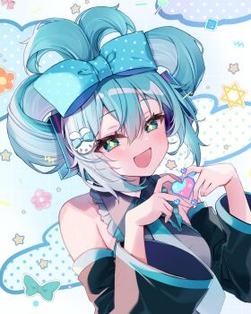 1girl alternate_hairstyle aqua_eyes aqua_hair aqua_necktie aqua_trim bare_shoulders black_sleeves blush bow breasts c10h14n2 cinnamiku cinnamoroll collarbone commentary_request detached_sleeves four-finger_heart_hands fuwa_fuwa_cinnamoroll grey_shirt hair_between_eyes hair_bow hair_ornament hatsune_miku heart heart_hands highres long_hair looking_at_another looking_at_viewer medium_breasts necktie open_mouth sanrio shirt sleeveless sleeveless_shirt smile solo sparkling_eyes twintails upper_body very_long_hair vocaloid white_background wide_sleeves