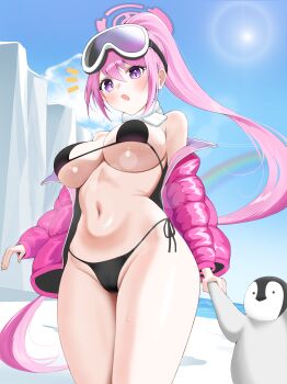 1girl absurdres bikini bird black_bikini blue_archive blue_sky breasts day eimi_(blue_archive) eimi_(swimsuit)_(blue_archive) feet_out_of_frame goggles goggles_on_head halo highres iceberg jacket large_breasts long_hair melang_(mongsil3000) official_alternate_costume outdoors padded_jacket penguin pink_hair pink_halo pink_jacket ponytail purple_eyes scarf side-tie_bikini_bottom ski_goggles sky swimsuit white_scarf