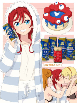 3girls absurdres birthday birthday_cake blonde_hair blue_eyes bra cake can catchu!_(love_live!) collarbone commentary drink food grin hair_down hairband heanna_sumire highres holding holding_can holding_drink hood hooded_jacket jacket laofuzi_dai_bansho love_live! love_live!_superstar!! multiple_girls orange_hair orange_hairband red_hair shibuya_kanon smile underwear upper_body yoneme_mei yuri