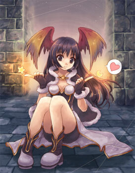 1girl bad_id bad_pixiv_id bike_shorts black_hair boots breasts brown_eyes cape cleavage female_focus fingerless_gloves gloves head_wings heart high_wizard_(ragnarok_online) long_hair medium_breasts moon ragnarok_online sitting solo star_(symbol) wings yakka