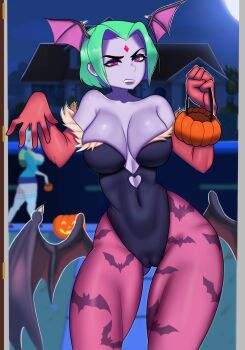 2girls absurdres adventure_time animal_print bare_shoulders bat_print blurry blurry_background breasts cameltoe clothing_cutout colored_skin cosplay darkstalkers dc_comics detached_sleeves disgust dogiflan fionna_campbell forehead_jewel green_hair halloween head_wings heart_cutout highres huge_breasts large_breasts leotard moon morrigan_aensland morrigan_aensland_(cosplay) multiple_girls neighborhood night pov pumpkin purple_eyes purple_skin pussy raven_(dc) short_hair teeth wings