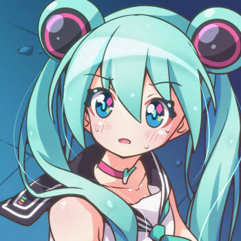 1girl aqua_hair bishoujo_senshi_sailor_moon black_sailor_collar blue_eyes blush choker commentary_request cosplay fuusen_neko hair_between_eyes hatsune_miku looking_at_viewer meme pink_choker sailor_collar sailor_moon sailor_moon_(cosplay) sailor_moon_redraw_challenge_(meme) solo spring_onion sweat twintails vocaloid