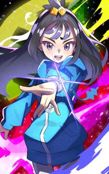 1girl black_hair blue_hoodie cube_hair_ornament grey_eyes hair_ornament highres hood hood_down hoodie inana_umi leggings lida_(pokemon) long_hair long_sleeves mega_ring nintendo open_mouth pokemon pokemon_legends:_z-a shirt solo topknot two-tone_legwear white_leggings