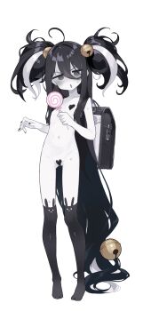 1girl absurdres animal_ear_legwear backpack bag bell black_hair candy chuugoku_usagi commentary_request flat_chest food full_body grey_eyes hair_bell hair_ornament heart_maebari heart_pasties highres loli lollipop long_hair looking_at_viewer maebari matcha_(mattyan) navel pale_skin pasties rabbit_ear_legwear randoseru solo transparent_background two_side_up very_long_hair voicevox