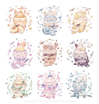 :3 animal_focus animal_hands black_eyes black_fur blue_eyes blue_fur bow brown_eyes brown_fur candle cupcake eevee espeon facial_mark fins fish_tail flareon food forehead_jewel forehead_mark fruit full_body gen_1_pokemon gen_2_pokemon gen_4_pokemon gen_6_pokemon glaceon green_fur head_fins ice_cream jolteon leaf leafeon lemon lemon_slice looking_at_viewer lying neck_fur nintendo no_humans one_eye_closed orange_fur pink_fur pink_ribbon pokemon pokemon_(creature) pokemon_focus purple_eyes purple_fur red_eyes ribbon ryokuno_green seashell shell sidelocks simple_background spiked_tail sylveon tail umbreon vaporeon wafer_stick white_background white_fur yellow_fur