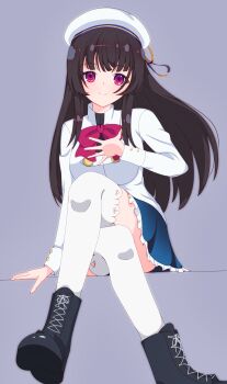 1girl absurdres arm_at_side assault_lily beret black_boots black_hair blue_ribbon blue_skirt boots bow bowtie breasts closed_mouth commentary_request crossed_legs foot_out_of_frame frilled_skirt frills grey_background hand_on_own_chest hand_up hat hat_ribbon herensuge_girls_academy_school_uniform highres lace-up_boots large_breasts long_sleeves looking_at_viewer miniskirt morimoto_yuni pink_eyes red_bow red_bowtie ribbon school_uniform sidelocks simple_background sitting skirt smile solo thighhighs ttearr two-tone_ribbon white_hat white_thighhighs yellow_ribbon