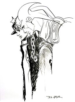 1boy 1other absurdres araki_hirohiko chain gakuran greyscale hat highres jojo_no_kimyou_na_bouken kuujou_joutarou male_focus monochrome official_art peaked_cap school_uniform second-party_source sketch stand_(jojo) star_(symbol) star_platinum stardust_crusaders traditional_media