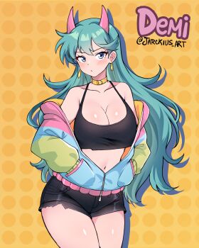1girl absurdres bare_shoulders black_shorts blue_eyes blush breasts cleavage commentary earrings english_commentary gold_choker green_hair hands_in_pockets highres horns jarckius jewelry large_breasts looking_at_viewer midriff navel original partially_unzipped short_shorts shorts solo sports_bra yellow_background