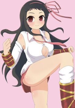 ass ayame_(senran_kagura) black_hair blush body_blush boots breasts button_gap cleavage commentary_request detached_sleeves gauntlets hair_ribbon highres kut9311 large_breasts long_hair necktie pink_background pink_necktie pink_ribbon pink_skirt red_eyes ribbon senran_kagura senran_kagura_new_wave shirt sidelocks skirt smile thighs white_shirt