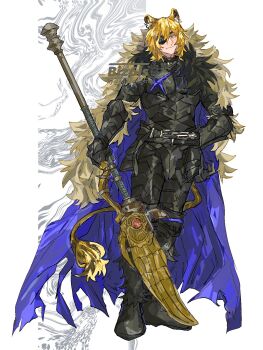 1boy animal_ears areadbhar_(fire_emblem) armor armored_gloves biz6ls black_armor black_gloves blonde_hair blue_cape blue_eyes cape closed_mouth dimitri_alexandre_blaiddyd dimitri_alexandre_blaiddyd_(blue_lion) dimitri_alexandre_blaiddyd_(timeskip) eyepatch fire_emblem fire_emblem:_three_houses fire_emblem_shadows fur-trimmed_cape fur_trim gloves highres holding holding_polearm holding_weapon kemonomimi_mode lance lion_boy lion_ears lion_tail looking_at_viewer male_focus nintendo polearm simple_background tail weapon