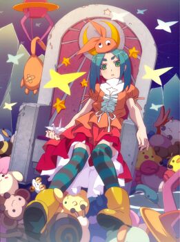 10s 1girl absurdres alternate_legwear bird boots cat chair crab dress female_focus green_eyes highres huge_filesize monkey monogatari_(series) moon ononoki_yotsugi origami paper_crane patterned_legwear penguin rubber_boots sitting snake solo striped_clothes striped_thighhighs stuffed_toy thighhighs throne tsukimonogatari yellow_boots