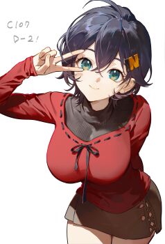 1girl absurdres alternate_costume arm_behind_back belle_(zenless_zone_zero) black_hair black_sweater breasts brown_skirt cardigan closed_mouth comiket_107 commentary_request cowboy_shot eggpongg green_eyes hair_ornament highres large_breasts leaning_forward letter_hair_ornament long_sleeves looking_at_viewer miniskirt red_cardigan short_hair simple_background skirt smile solo sweater v v_over_eye white_background zenless_zone_zero