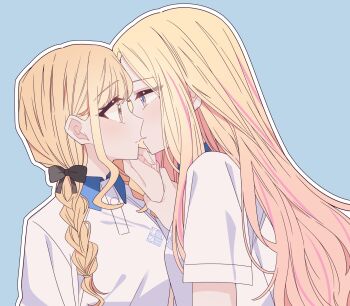 2girls blonde_hair blue_background braid closed_mouth commentary fujita_kotone gakuen_idolmaster hand_on_another&#039;s_chin highres holding_another&#039;s_wrist idolmaster imminent_kiss juo_sena kousaka_0v0 long_hair multiple_girls orange_eyes outline parted_lips pink_streaks purple_eyes school_uniform shirt short_sleeves simple_background twin_braids white_outline white_shirt yuri