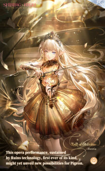 1girl adagio_of_reminiscence_(shining_nikki) animal armlet artist_request bare_shoulders bird black_arm_warmers blonde_hair blue_eyes bow_(music) chair character_name commentary copyright_name crown dress elf english_commentary english_text eyelashes feet_out_of_frame floating_hair floating_paper frilled_dress frills gold_crown happy hestia_(shining_nikki) heterochromia highres holding holding_bow_(music) holding_instrument holding_violin indoors instrument jewelry lace_arm_warmers light_particles light_smile logo long_hair looking_at_viewer music nikki_(series) official_alternate_color official_art orange_dress parted_lips playing_instrument pleated_dress pointy_ears second-party_source sheet_music shining_nikki short_dress sleeveless sleeveless_dress solo sparkle spotlight stage standing train_(clothing) very_long_hair violin wavy_hair yellow_eyes