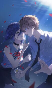 1boy 1girl absurdres air_bubble black_choker black_necktie black_ribbon black_shorts blue_hair brown_hair bubble chainsaw_man choker collared_shirt denji_(chainsaw_man) flower green_eyes grenade_pin hair_between_eyes hashtag-only_commentary highres holding holding_flower neck_ribbon necktie papu_(papu1006) reze_(chainsaw_man) ribbon shirt shirt_tucked_in short_shorts shorts submerged underwater white_flower white_shirt