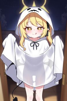 1girl :q absurdres black_ribbon black_tail black_wings blonde_hair blue_archive blush closed_mouth commentary cum cum_on_body cum_on_legs cumdrip demon_girl demon_tail demon_wings doorway feet_out_of_frame ghost_costume hair_ribbon halo heart heart-shaped_pupils highres hood hood_up ibuki_(blue_archive) loli looking_at_viewer md5_mismatch pointy_ears ribbon see-through_silhouette solo standing symbol-shaped_pupils tail tongue tongue_out trick-or-treating wings yellow_eyes yellow_halo zing_(z_z_zing)