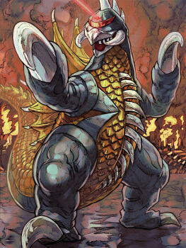 Rule 34 | alien, buzzsaw (tool), cannon, cyborg, destruction, directed-energy weapon, energy, energy beam, energy cannon, energy weapon, epic, eye beam, fins, fire, gigan, glowing, glowing eyes, godzilla (series), godzilla vs. gigan, highres, kaiju, laser, laser weapon, mandibles, no humans, oil refinery, one-eyed, red eyes, smoke, space monster, tail, toho, yagi2013