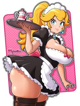 1girl apron black_dress black_thighhighs blonde_hair blue_eyes border breasts cleavage_cutout closed_mouth clothing_cutout cowboy_shot dress earrings holding holding_tray jewelry large_breasts lips long_hair looking_at_viewer maid maid_headdress mario_(series) nintendo nyazuli pink_background polka_dot polka_dot_background ponytail princess_peach short_sleeves skindentation smile solo standing thick_thighs thighhighs thighs tray white_border