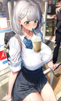 Rule 34 | 1girl, absurdres, alternate costume, bag, black skirt, blue bow, blue bowtie, blush, bow, bowtie, braid, breasts, bubble tea, bubble tea challenge, buttons, cellphone, collared shirt, commentary request, cup, drinking straw, from above, green eyes, hair behind ear, hair ornament, hairclip, highres, holding, holding phone, hololive, large breasts, looking down, medium hair, oozora subaru, outdoors, phone, pleated skirt, raag jp, shirogane noel, shirt, shirt tucked in, shoulder bag, sitting, skirt, sleeves rolled up, smartphone, solo focus, striped bow, striped bowtie, striped clothes, virtual youtuber, white hair, white shirt, yagoo