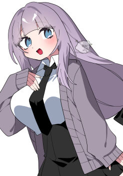 :d absurdres arched_bangs black_bow black_necktie black_skirt blue_eyes blunt_bangs blush bow breasts cardigan center-flap_bangs collared_shirt commentary_request dutch_angle hair_bow hands_on_own_chest happy highres huge_breasts long_hair long_sidelocks looking_at_viewer necktie oimotororo1116 open_cardigan open_clothes open_mouth original pleated_skirt purple_cardigan purple_hair school_uniform shirt sidelocks signature simple_background skirt smile straight_hair tachibana_(oimotororo1116) thick_eyelashes upper_body white_background white_shirt