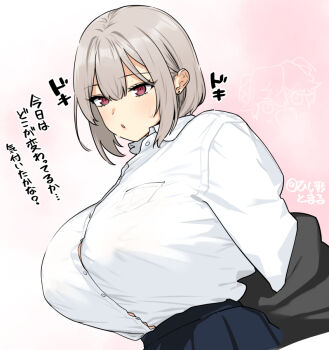 1girl aida_mia black_jacket black_skirt breasts button_gap center-flap_bangs collared_shirt commentary_request earrings grey_hair hishigata huge_breasts jacket jewelry ouji-sama_no_tomodachi parted_lips pink_background pleated_skirt red_eyes school_uniform shirt shirt_tucked_in short_hair skirt solo translation_request undressing upper_body white_shirt