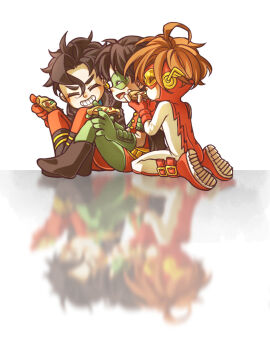 3boys bart_allen black_hair bodysuit brown_hair cape dc_comics domino_mask eye_mask food gloves goggles highres impulse jojody kon-el male_focus mask multiple_boys pizza reflection robin_(dc) silverly sitting superboy tim_drake young_justice
