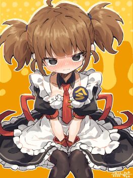:| @_@ abstract_background ahoge alternate_costume apron artist_name badge black_dress black_eyes black_thighhighs blunt_bangs blush breasts brown_hair button_badge cleavage closed_mouth collarbone commentary dated detached_collar imadake_dabuchi_tabemi dress embarrassed enmaided feet_out_of_frame flustered frilled_apron frilled_skirt frills from_above from_front hair_tie hands_on_lap haronin_fukke head_tilt jitome legs_together looking_at_viewer looking_up maid mcdonald&#039;s medium_breasts medium_hair necktie nervous no_headwear nose_blush outline own_hands_together petticoat puffy_short_sleeves puffy_sleeves red_necktie red_ribbon ribbon short_sleeves signature simple_background sitting skirt skirt_tug straight-on sweatdrop textless_version thighhighs tie_clip trembling twintails upturned_eyes v_arms wavy_mouth white_apron white_outline yellow_background