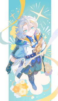 1_verse 1boy absurdres albedo_(genshin_impact) black_gloves blonde_hair blue_boots blue_eyes blue_shorts boots chinese_commentary closed_mouth commentary_request flower full_body genshin_impact gloves hair_between_eyes highres hood hood_down hooded_jacket jacket looking_at_viewer male_focus short_sleeves shorts smile solo sparkle standing white_jacket yellow_flower