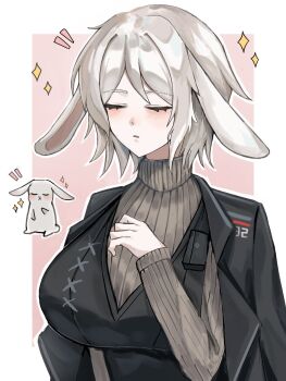 Rule 34 | 1girl, animal ears, black jacket, black vest, blush, border, breasts, closed eyes, faust (project moon), floppy ears, grey sweater, hand up, highres, huge breasts, jacket, jacket on shoulders, kemonomimi mode, limbus company, long sleeves, outline, outside border, parted lips, pink background, project moon, rabbit, rabbit ears, rabbit girl, ranyo0680, ribbed sweater, simple background, solo, sparkle, sweater, upper body, vest, white border, white outline