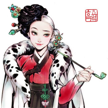 101_dalmatians 1girl alternate_costume alternate_hairstyle black_dress black_hair butterfly_hair_ornament cape cruella_(movie) cruella_de_vil curly_hair disney dress eyeshadow fingernails fur_collar fur_trim green_eyes hair_ornament hairpin hanbok highres holding holding_smoking_pipe jacket jacket_on_shoulders jade_(gemstone) japanese_clothes korean_clothes magatama makeup multicolored_hair nayoung_wooh parted_hair raised_eyebrow red_dress red_eyeshadow sharp_fingernails simple_background smile smoking_pipe tablet_pc two-tone_hair white_background white_hair