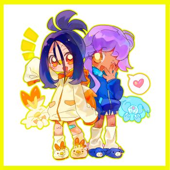 Rule 34 | 2girls, absurdres, blue jacket, border, bright pupils, chinese commentary, commentary, dendra (pokemon), full body, gen 7 pokemon, gen 8 pokemon, heart, highres, jacket, kui kui jiang, long hair, multiple girls, nintendo, pokemon, pokemon sv, popplio, purple hair, scar, scar on face, scar on forehead, scorbunny, sleeves past fingers, sleeves past wrists, spoken heart, tulip (pokemon), white jacket, white pupils, yellow border