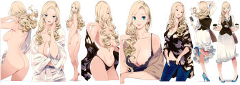 1girl adjusting_hair arm_up ass back bag bathrobe black_bra black_nails black_panties blonde_hair blue_shoes bra breasts cellphone cleavage closed_eyes closed_mouth coffee collarbone commentary crop_top cup curly_hair denim disposable_coffee_cup disposable_cup dress dress_shirt dressing duplicate elbow_rest eyelashes fingernails frilled_skirt frills from_behind full_body green_eyes hair_flip hair_over_breasts hair_over_one_eye hair_over_shoulder half-closed_eyes hand_on_own_cheek hand_on_own_face hands_in_own_hair hands_up high_heels highres holding holding_cup holding_phone id_card jeans lace lace-trimmed_bra lace_panties lace_trim lanyard large_breasts legs lips lipstick long_hair looking_at_viewer looking_back makeup messenger_bag mikoto_akemi multiple_views nail_polish navel nude off_shoulder open_clothes open_fly open_mouth open_shirt original panties pants parted_lips phone pixel-perfect_duplicate removing_jacket shawl shirt shoes shoulder_bag sideboob simple_background skindentation skirt sleeves_pushed_up smartphone smile tank_top thighs unbuttoned underwear undressing v very_long_hair vest watch white_background white_dress white_skirt wristwatch