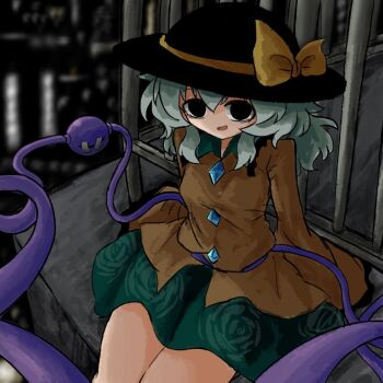 1girl :d black_eyes black_hat bow buttons diamond_button floral_print frilled_shirt_collar frilled_sleeves frills green_hair green_skirt hat hat_bow heripantomorrow komeiji_koishi medium_hair open_mouth raised_eyebrows rose_print shirt sitting skirt smile solo third_eye touhou yellow_bow yellow_shirt