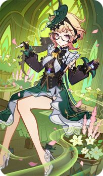 1girl bad_source black-framed_eyewear black_gloves blonde_hair closed_mouth detached_sleeves dress emilie_(genshin_impact) falling_petals flower genshin_impact glasses gloves hands_up high_heels holding indoors long_sleeves looking_at_viewer multicolored_hair official_art petals pink_hair shoes short_hair sitting sitting_on_table smile solo white_shoes