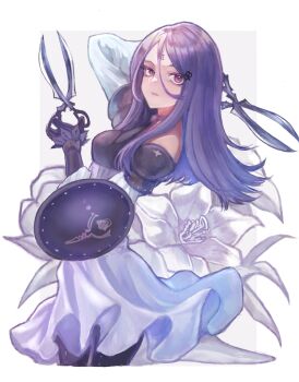 1girl arm_up bare_shoulders buckler choker colored_eyelashes commentary_request detached_sleeves drag-on_dragoon drag-on_dragoon_3 dress facial_mark flower forehead_mark forehead_tattoo from_side gloves hair_between_eyes hair_ornament hairclip holding holding_scissors izumi_(2476264) long_hair looking_at_viewer purple_dress purple_eyes purple_gloves purple_hair ribbon_choker roman_numeral scissors shield simple_background solo standing tattoo three_(drag-on_dragoon) white_background white_flower