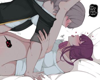 1futa 1girl absurdres arnkun black_jacket blush bottomless breasts closed_eyes commission folded futa_with_female futanari grey_hair head_back highres honkai:_star_rail honkai_(series) implied_futanari jacket kafka_(honkai:_star_rail) large_breasts mating_press missing_commentary purple_hair sex shirt stelle_(honkai:_star_rail) tongue tongue_out trailblazer_(honkai:_star_rail) white_shirt yuri