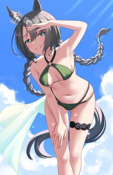 1girl alternate_costume alternate_hairstyle animal_ears bare_shoulders bikini black_hair braid braided_ponytail breasts collarbone ear_ornament ear_through_crown green_bikini green_eyes hair_between_eyes highres horse_ears horse_girl horse_tail long_hair looking_at_viewer medium_breasts midriff multicolored_hair navel philo_324 satono_crown_(umamusume) smile solo streaked_hair swimsuit tail umamusume white_hair