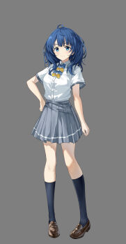1girl absurdres black_socks blue_bow blue_bowtie blue_eyes blue_hair bow bowtie breasts brown_shoes closed_mouth commentary_request full_body geez grey_background grey_skirt hand_on_own_hip highres kneehighs loafers long_hair looking_at_viewer make_heroine_ga_oo_sugiru! medium_breasts pleated_skirt school_uniform shirt shoes short_sleeves simple_background skirt smile socks solo tachi-e tsuwabuki_high_school_uniform white_background yanami_anna yellow_bow yellow_bowtie